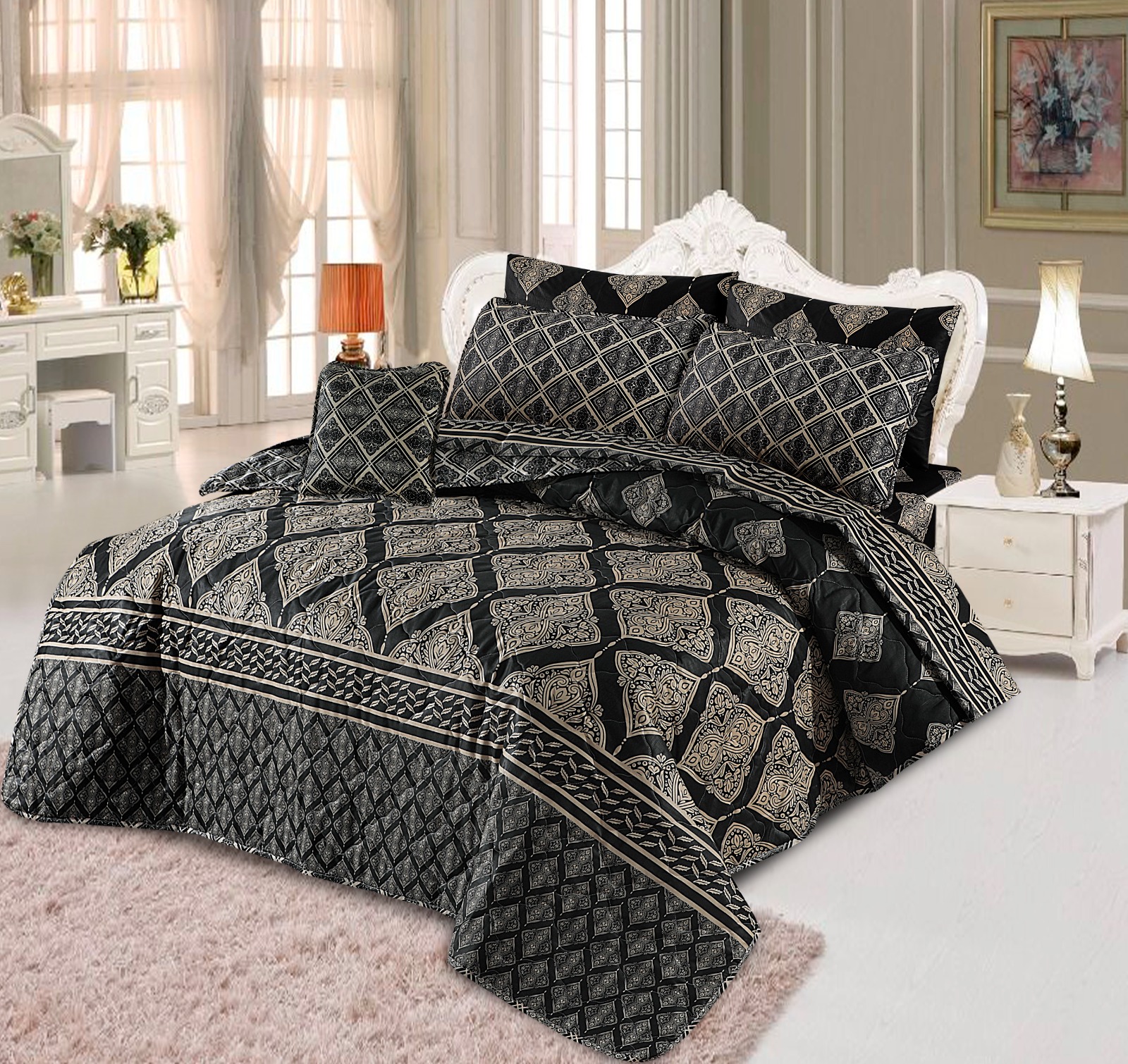 King Size Cotton Comforter Set (7 Pcs) {Design SJC – 12}