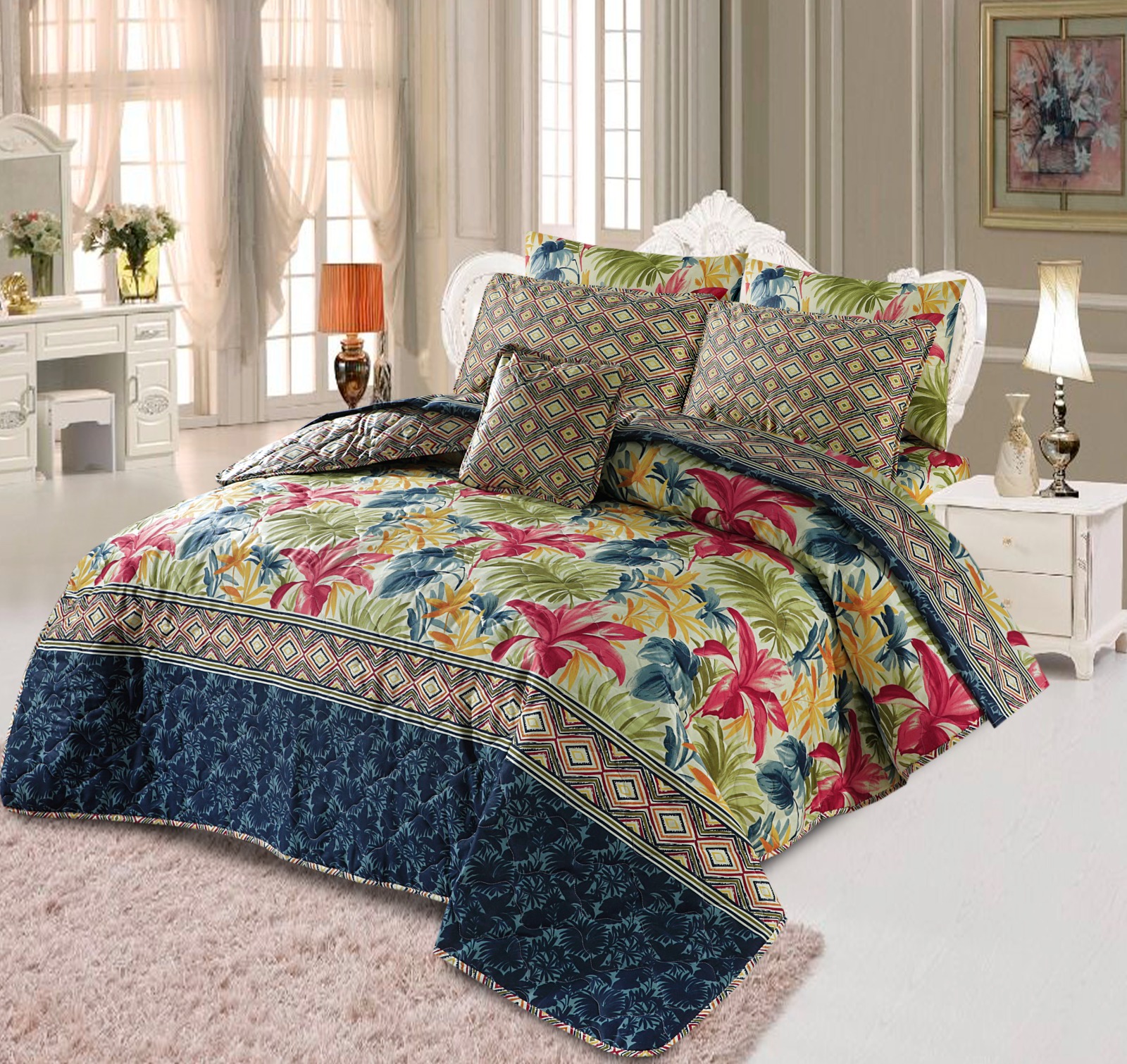 King Size Cotton Comforter Set (7 Pcs) {Design SJC 1078} SJ Store