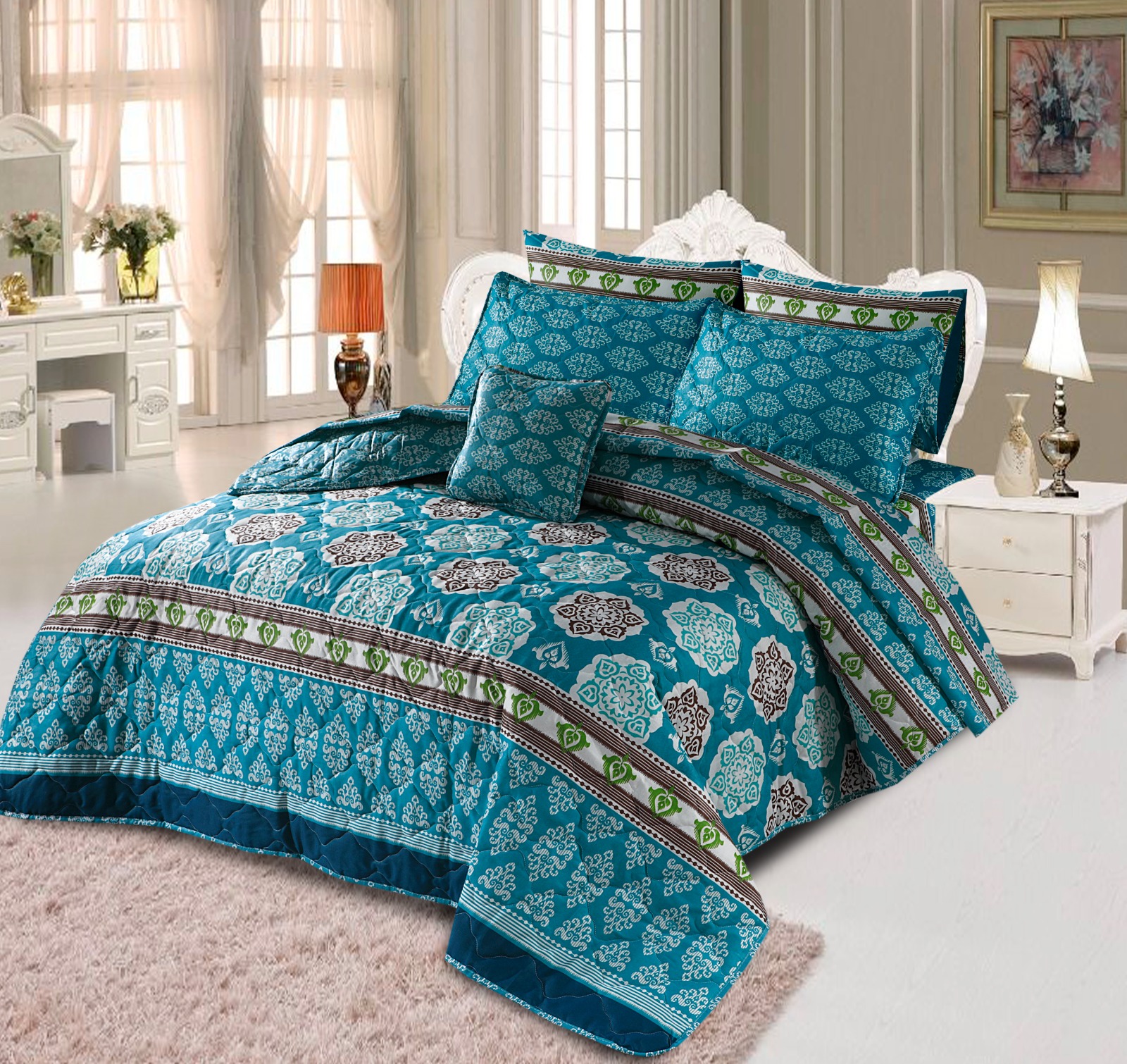 King Size Cotton Comforter Set (7 Pcs) {Design SJC - 1074} - SJ Store