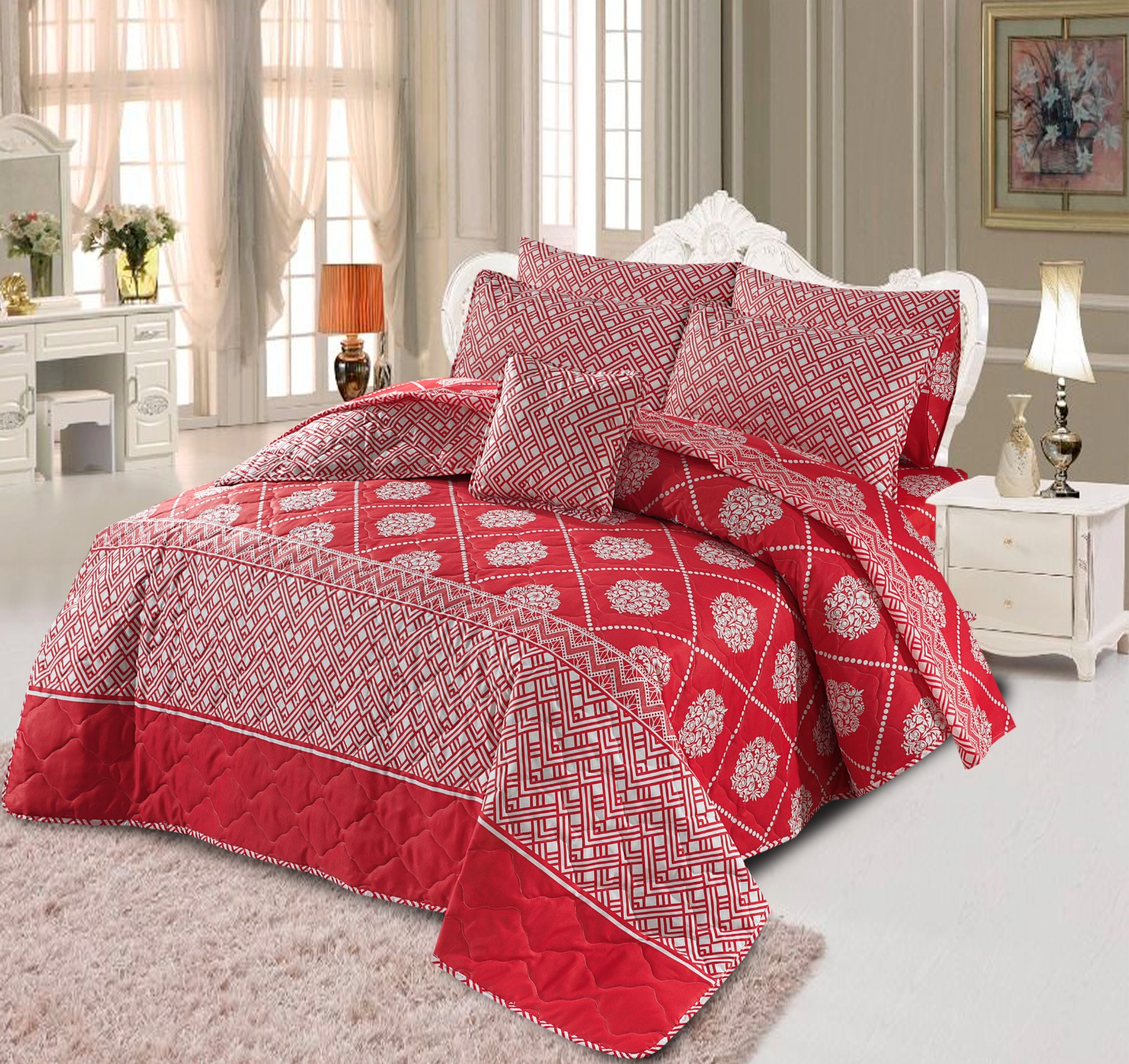 King Size Cotton Comforter Set (7 Pcs) {Design SJC – 1073}