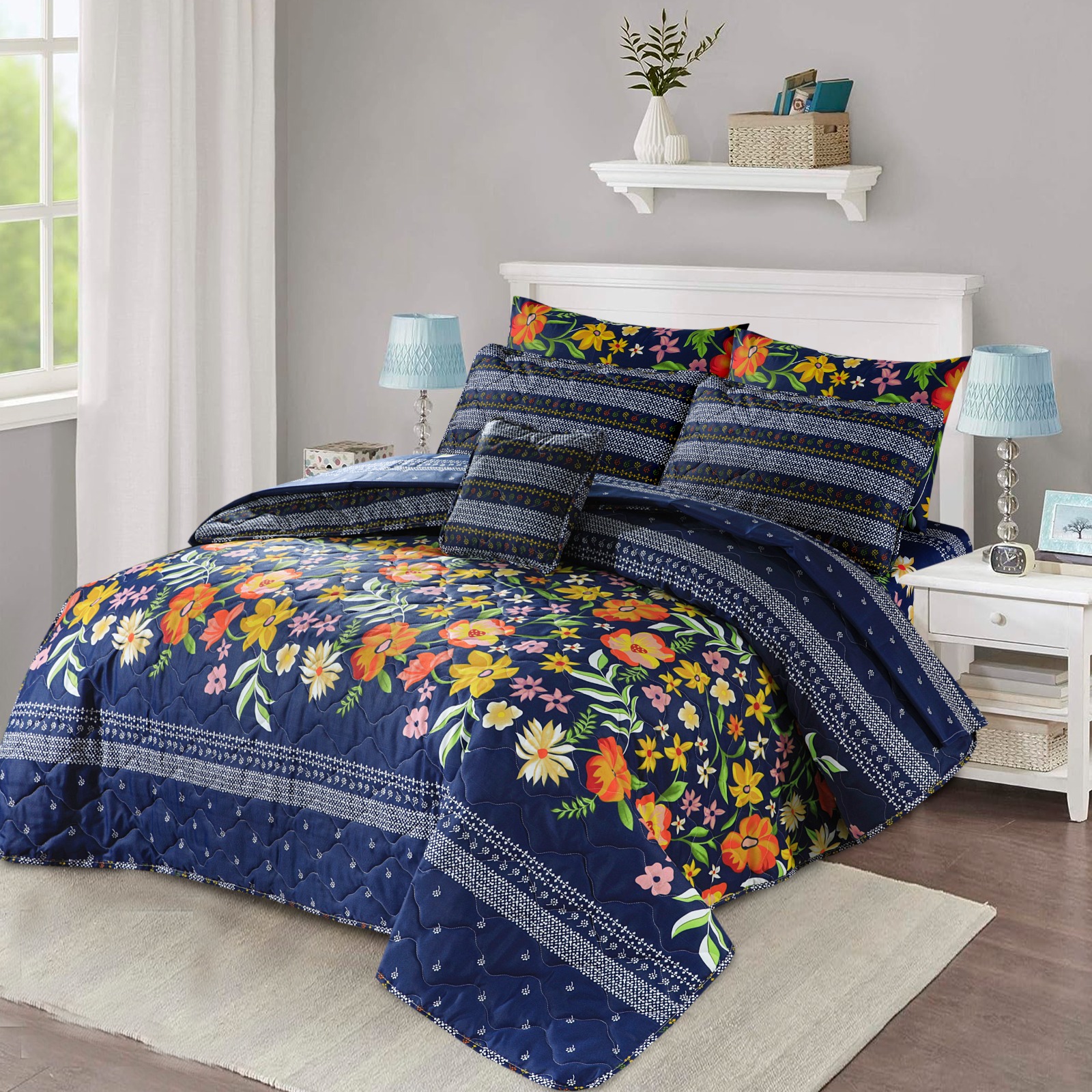 King Size Cotton Comforter Set (7 Pcs) {Design SJC 1126} SJ Store